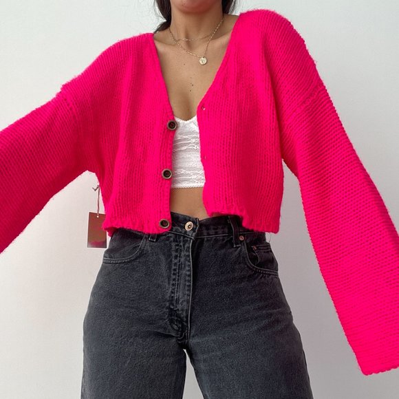 NWT Forever 21 pink cropped v neck button down cardigan sweater - Picture 7 of 10